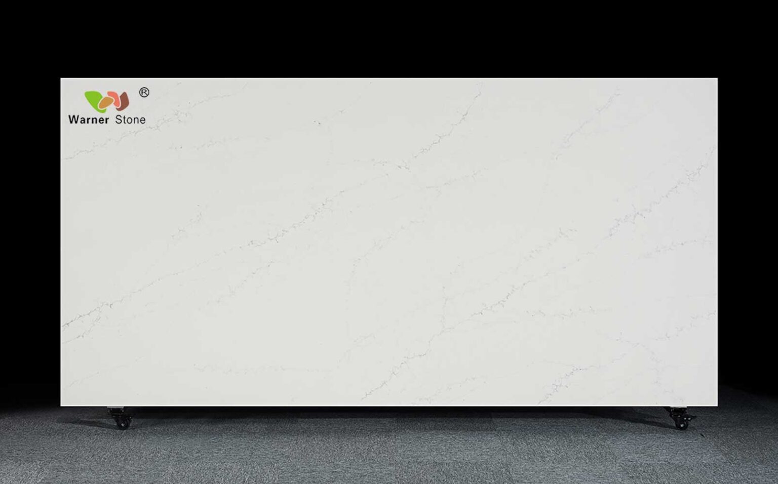 Warner Ice Maple Quartz Stone full slab, 3.2m x 1.6m, with white base and gray veins.