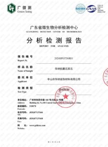 Cover page of the antibacterial test report for Warner Quartz stone, showing certified laboratory testing of surface hygiene.