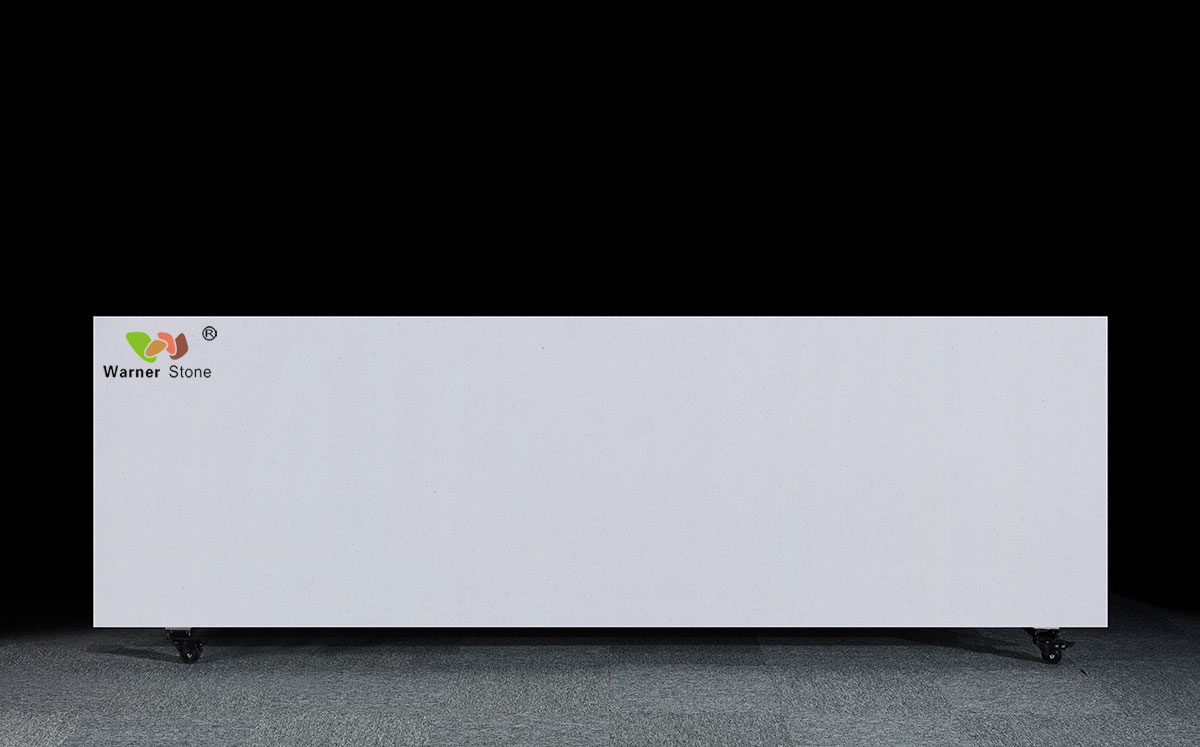 Ivory White Quartz Stone Slab HN-802 2440mm x 750mm, matte finish on a display rack with black background