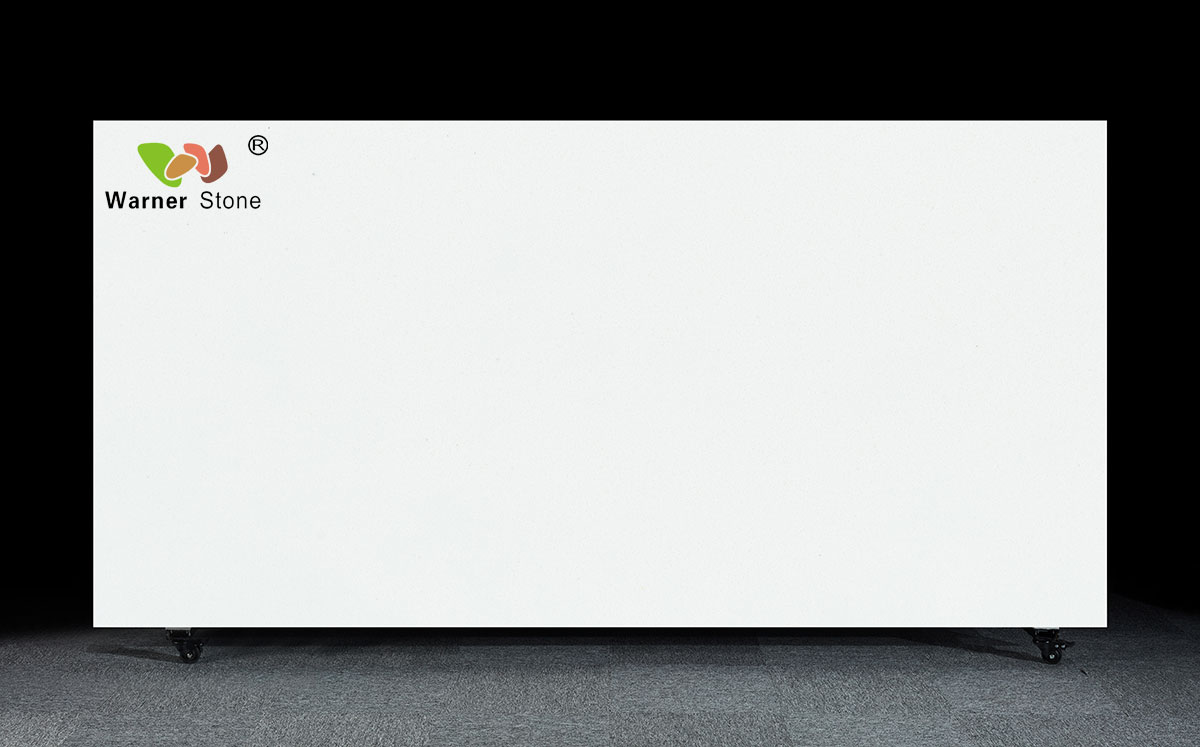 Ivory White Quartz Stone Slab HN-802 3200mm x 1600mm, matte finish on a display rack with black background