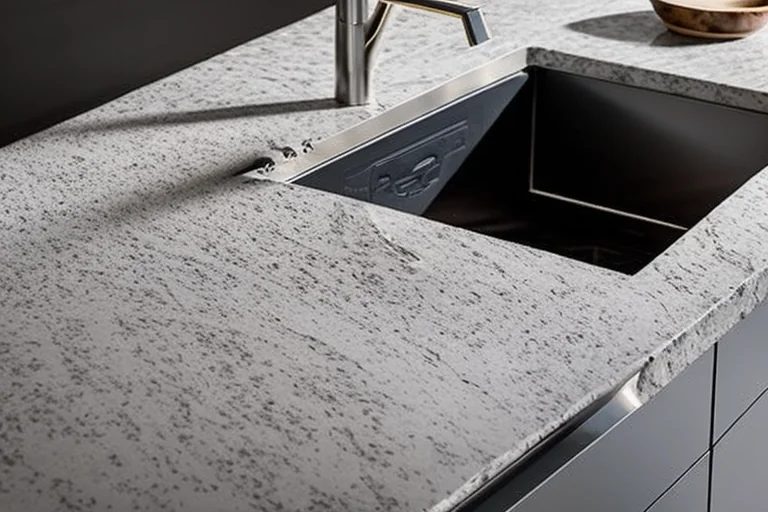 Eco-friendly quartz worktop with recycled materials in contemporary kitchen