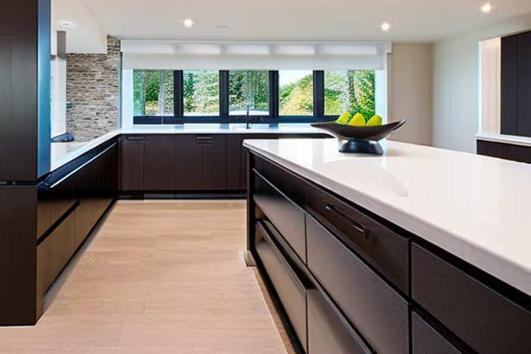 White quartz kitchen worktop with dark blue shaker cabinets in contemporary kitchen design