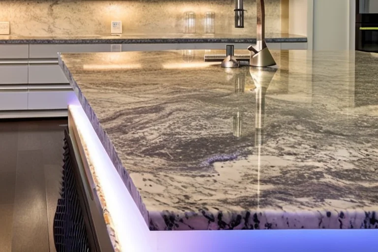 Detailed view of quartz worktop surface showing natural quartz crystals in resin matrix