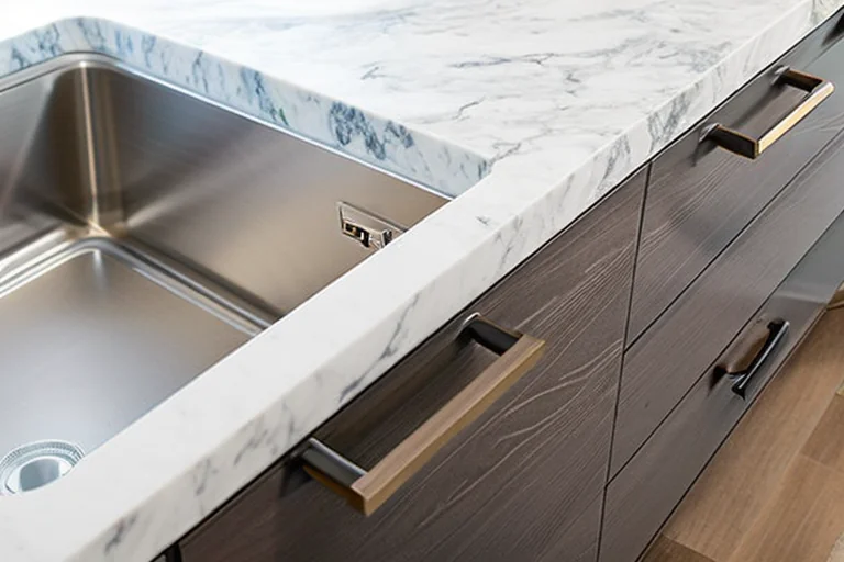 Close-up of cleaning coffee stain from white quartz kitchen worktop with soft cloth