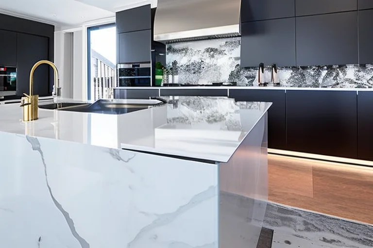 Modern kitchen with a large white and grey veined quartz island worktop as a focal point