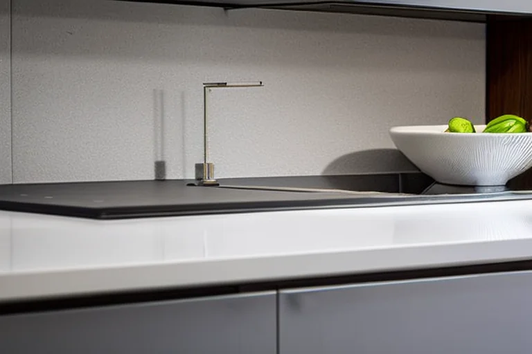 A glossy white quartz kitchen worktop showing its seamless, non-porous surface