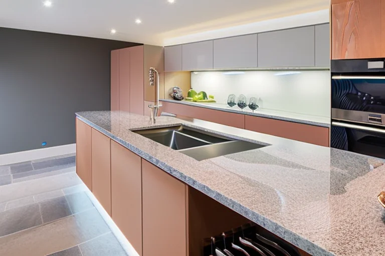 Kitchen designer analysing quartz worktop cost breakdown on a blueprint with samples