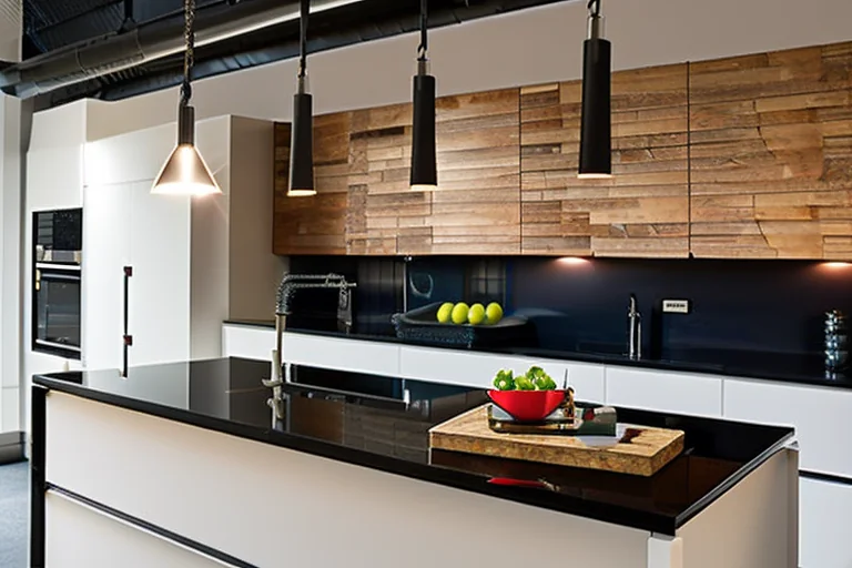 Contemporary industrial kitchen featuring a dark charcoal quartz worktop, exposed brick wall, and stainless steel appliances