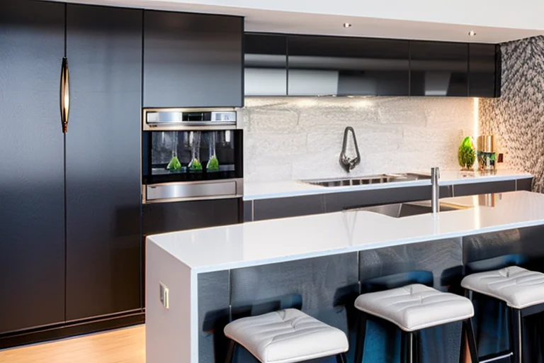 Contemporary home wet bar featuring a durable white quartz worktop with bar stools