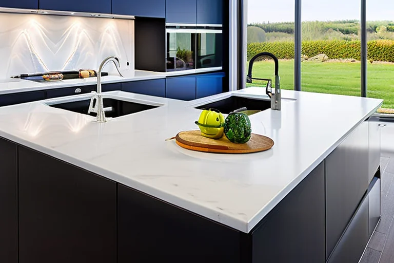Contemporary kitchen design featuring white quartz countertops paired with deep blue shaker cabinets and brass hardware