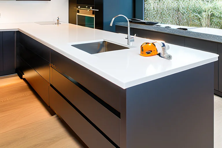 Expert installer fitting a white quartz worktop with integrated sink into a kitchen cabinet