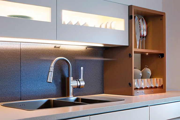 Small modern kitchen with light grey quartz worktop, wall cabinets, and integrated sink
