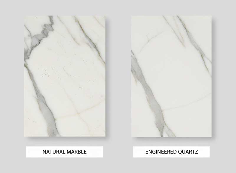 Side-by-side comparison of natural Calacatta marble and engineered Calacatta white quartz showing texture and porosity differences