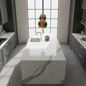 Modern luxury kitchen featuring a large Calacatta white quartz countertop island with bold grey veining, dark cabinetry, and brass hardware