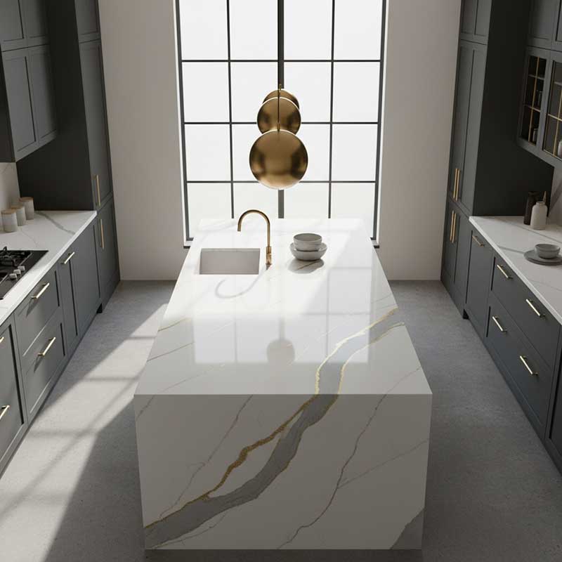 Modern luxury kitchen featuring a large Calacatta white quartz countertop island with bold grey veining, dark cabinetry, and brass hardware