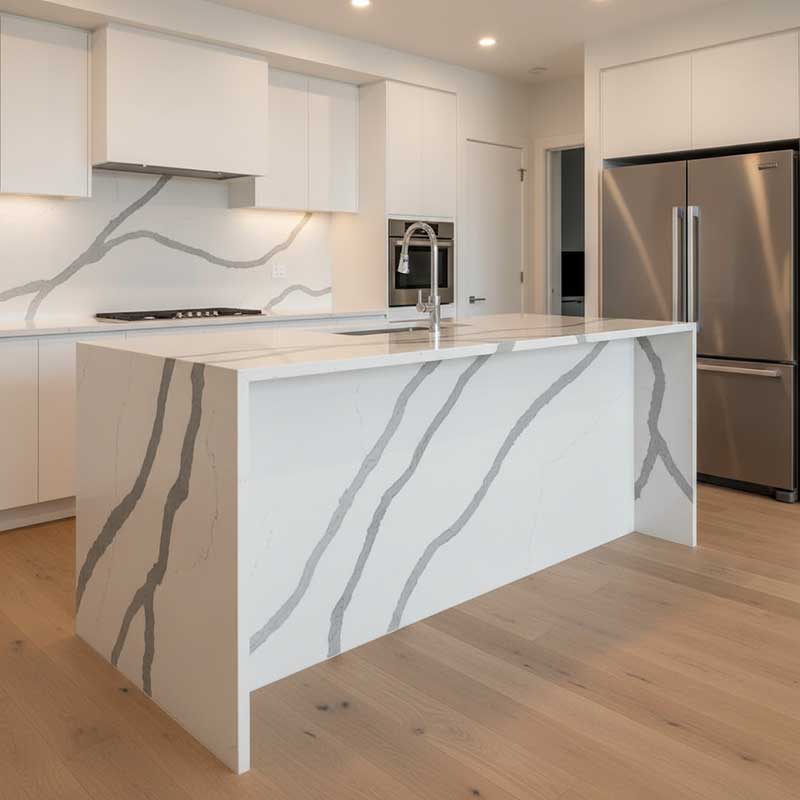 Kitchen island with Calacatta white quartz waterfall edge countertop showing continuous vein pattern flowing from top surface to side panel